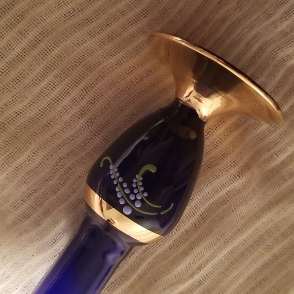 70s Vintage 24 Carat Gilded Venetian Cobalt Blue Blown Glass Bud Vase - Picture 6 of 17